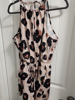 Beige Leopard Print Sleeveless Tie-Waist Jumpsuit